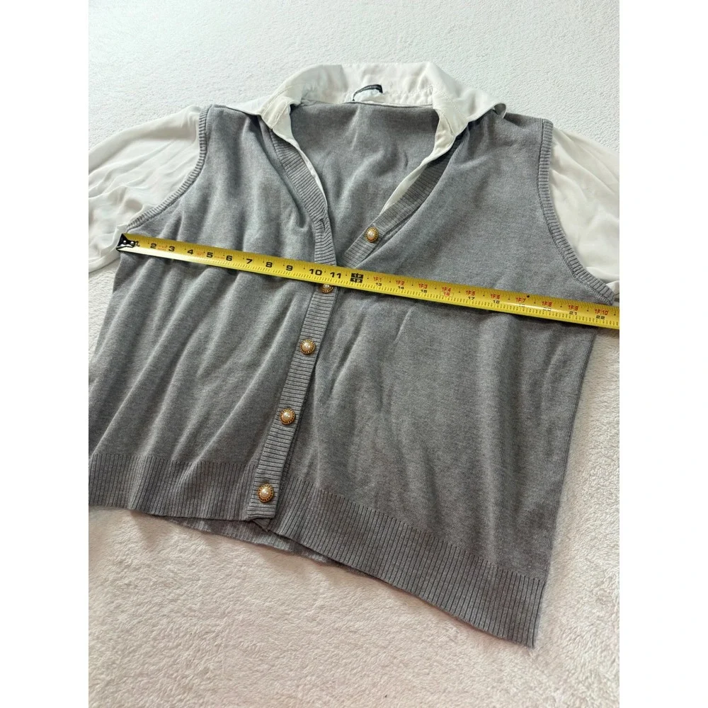 Adrianna Papell Mixed Media Cardigan Grey Knit White Chiffon Sleeve Pearl Button